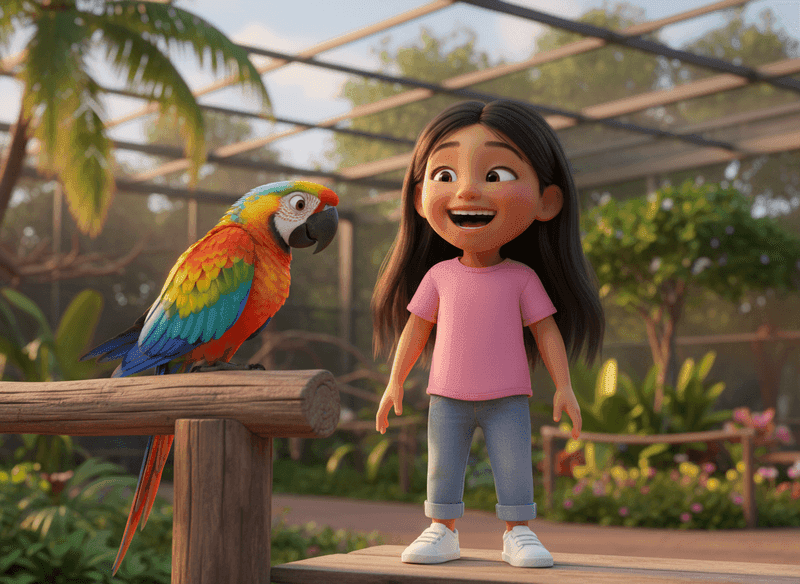 Maya laughing at a parrot at the zoo